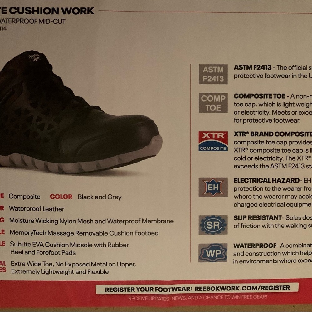 Reebok, Sub-lite Cushion Work, Athletic Waterproof Mid Cut Warehouse Shoes.